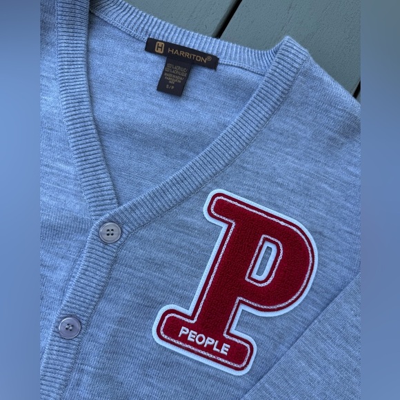 Vintage People Patch Letter Cardigan Gray Button Up Unisex Size Small - Picture 2 of 6